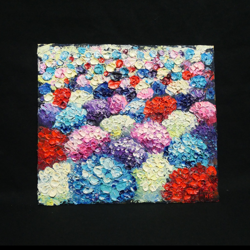 【油絵原画】梅雨を彩る宝石箱(紫陽花の厚塗り油彩画/額装入り)