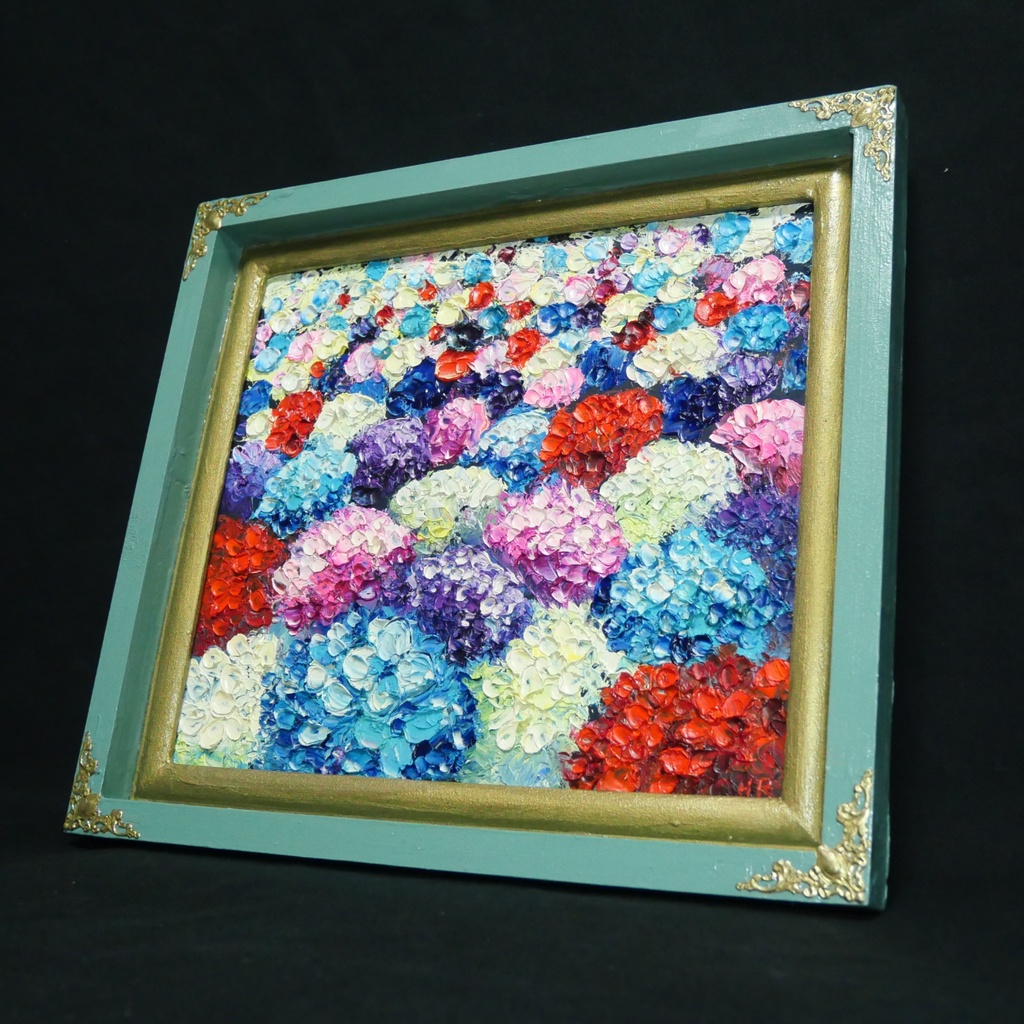 【油絵原画】梅雨を彩る宝石箱(紫陽花の厚塗り油彩画/額装入り)