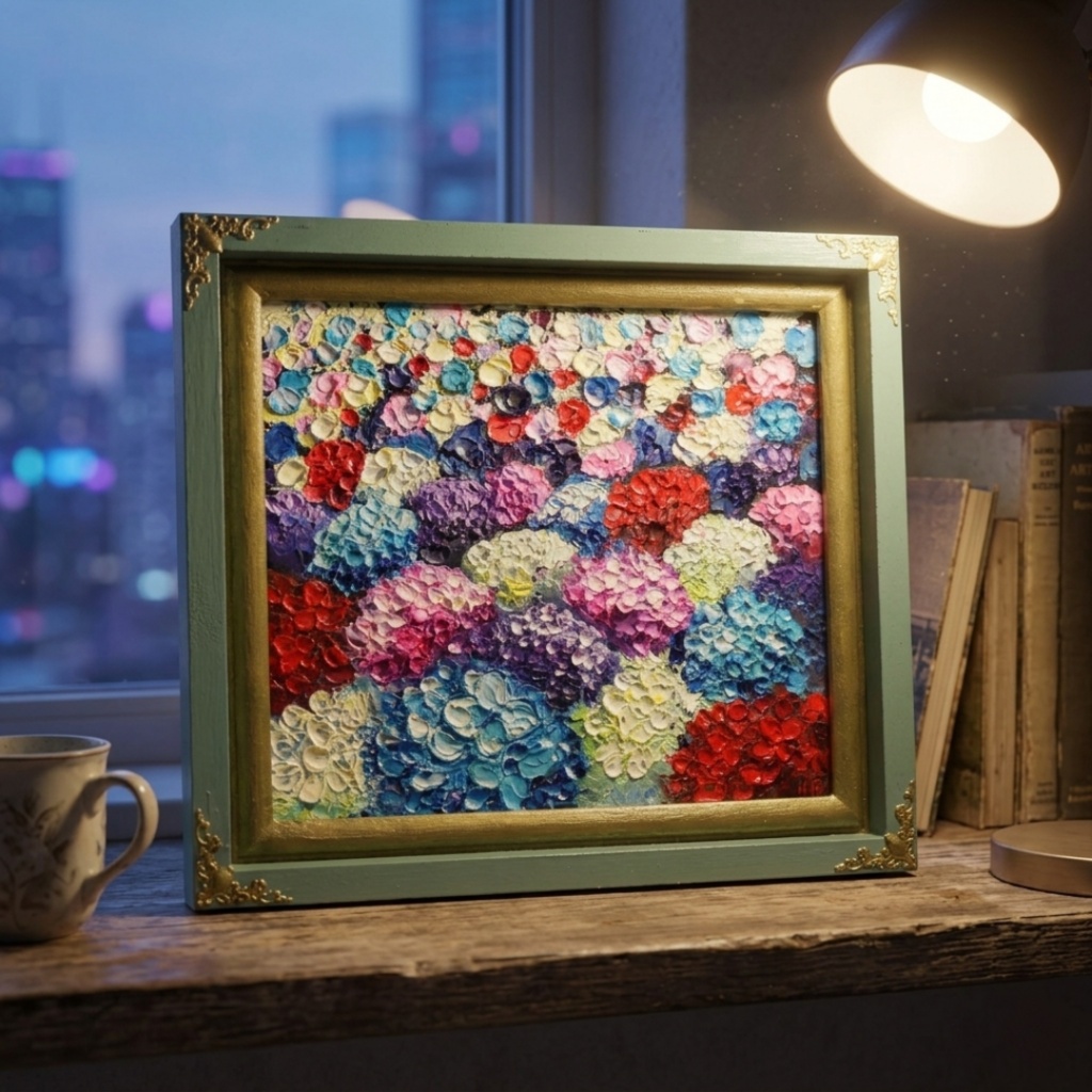 【油絵原画】梅雨を彩る宝石箱(紫陽花の厚塗り油彩画/額装入り)