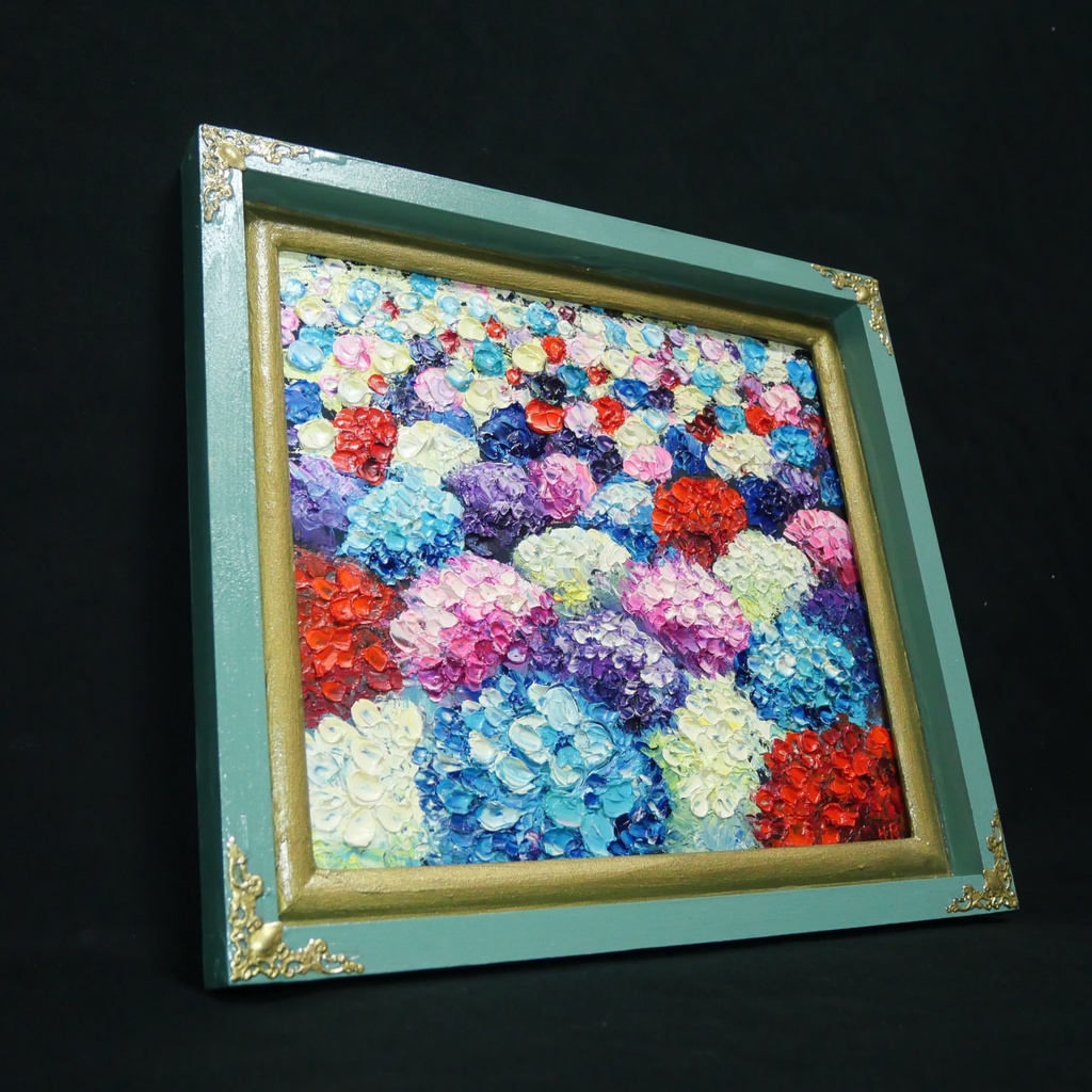 【油絵原画】梅雨を彩る宝石箱(紫陽花の厚塗り油彩画/額装入り)
