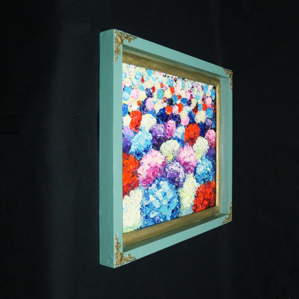 【油絵原画】梅雨を彩る宝石箱(紫陽花の厚塗り油彩画/額装入り)