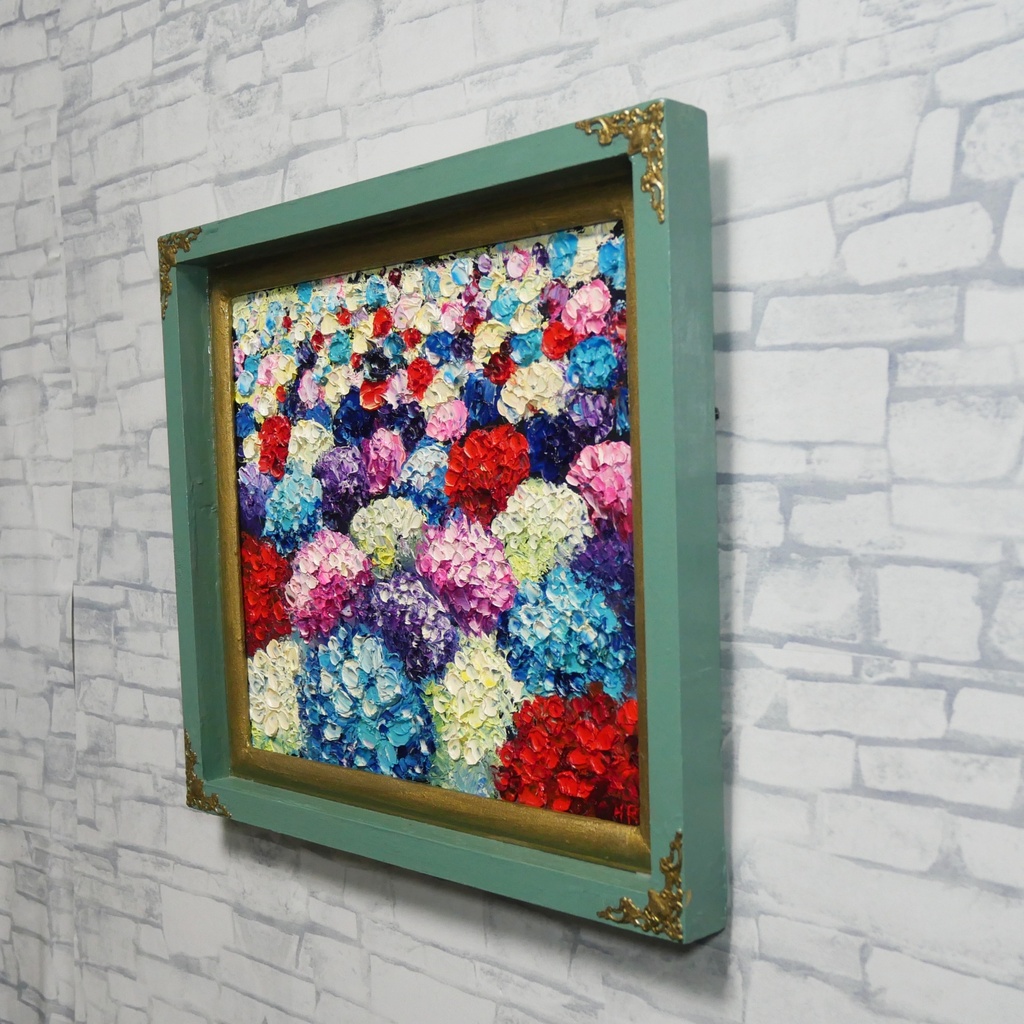【油絵原画】梅雨を彩る宝石箱(紫陽花の厚塗り油彩画/額装入り)