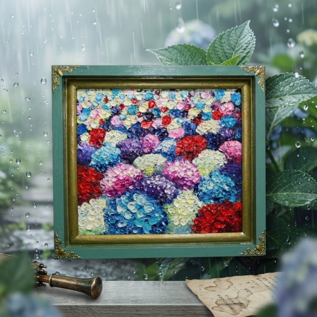 【油絵原画】梅雨を彩る宝石箱(紫陽花の厚塗り油彩画/額装入り)