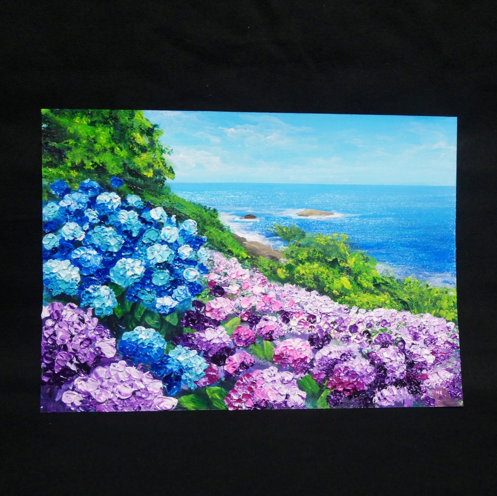 油絵 原画【初夏に目覚める日向の理想郷】紫陽花 あじさい 青い海 初夏のインテリア 風景画 アート