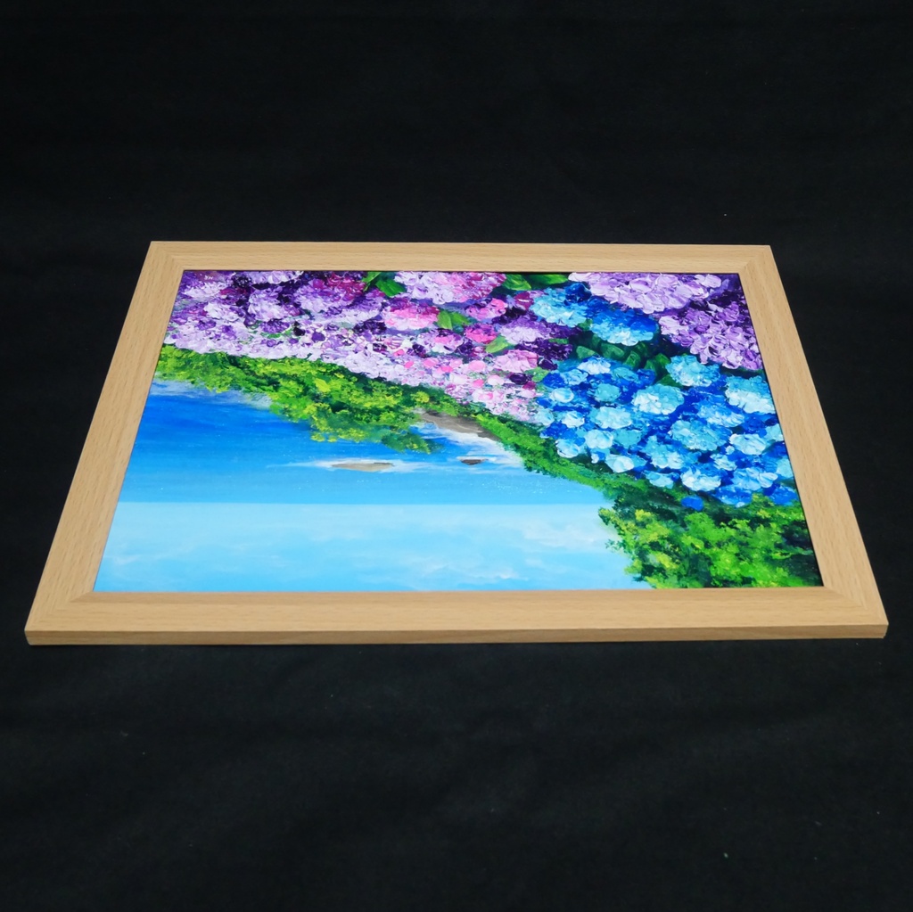 油絵 原画【初夏に目覚める日向の理想郷】紫陽花 あじさい 青い海 初夏のインテリア 風景画 アート