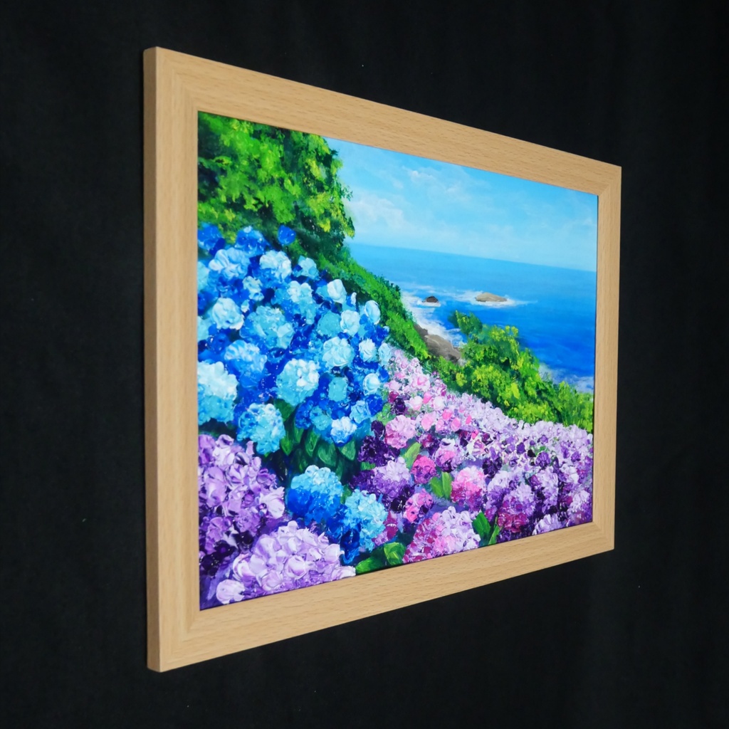 油絵 原画【初夏に目覚める日向の理想郷】紫陽花 あじさい 青い海 初夏のインテリア 風景画 アート
