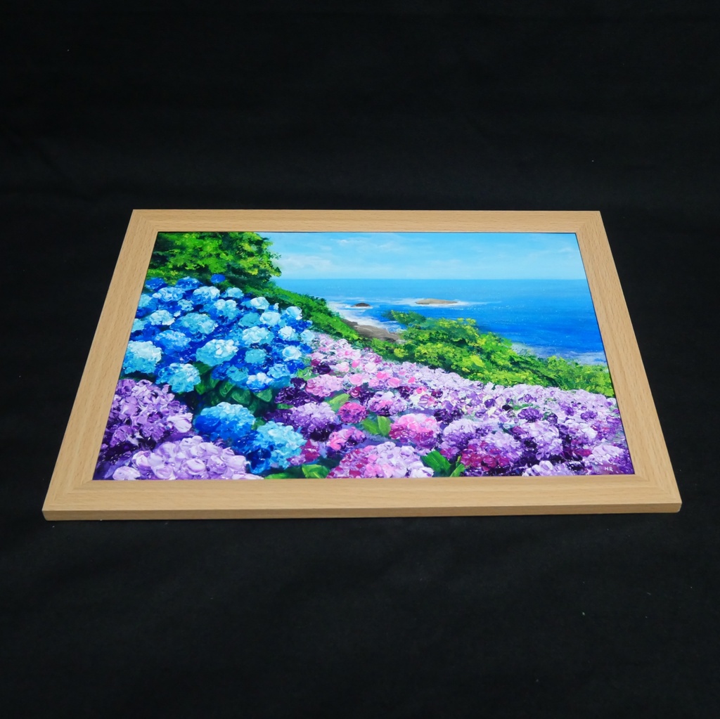 油絵 原画【初夏に目覚める日向の理想郷】紫陽花 あじさい 青い海 初夏のインテリア 風景画 アート