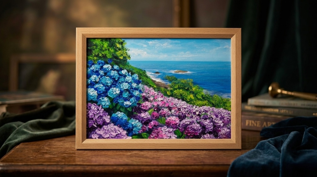 油絵 原画【初夏に目覚める日向の理想郷】紫陽花 あじさい 青い海 初夏のインテリア 風景画 アート