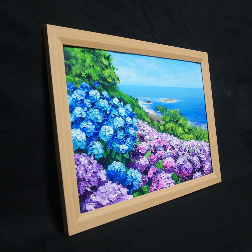 油絵 原画【初夏に目覚める日向の理想郷】紫陽花 あじさい 青い海 初夏のインテリア 風景画 アート