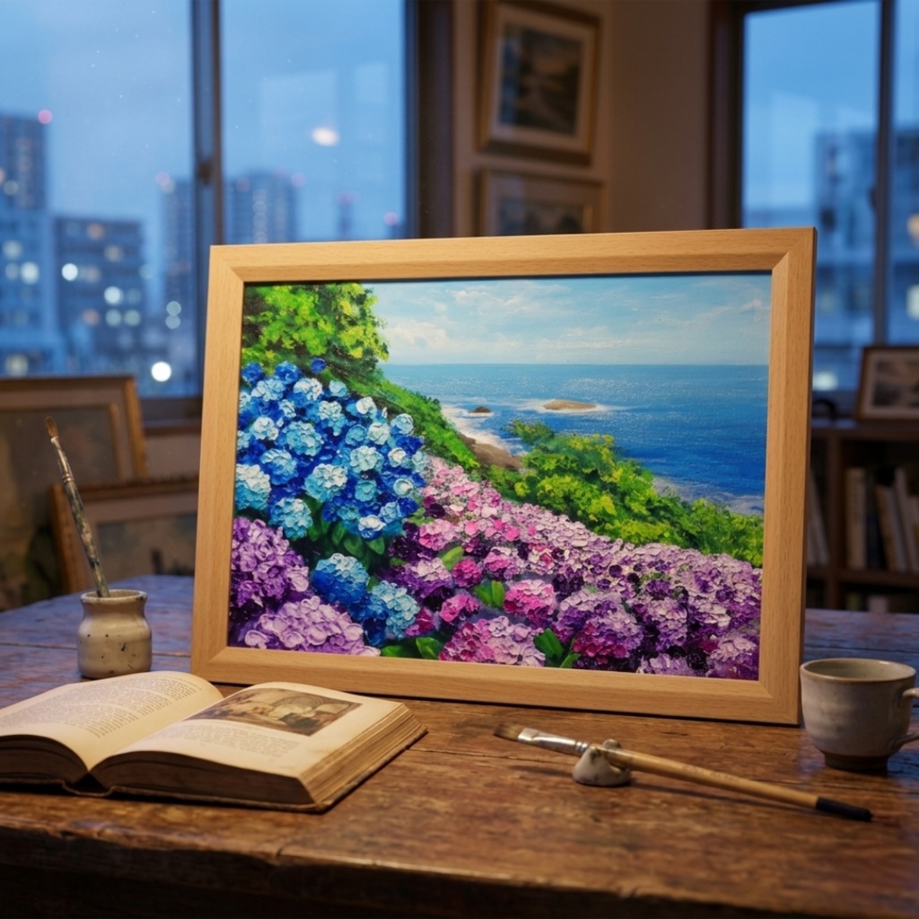 油絵 原画【初夏に目覚める日向の理想郷】紫陽花 あじさい 青い海 初夏のインテリア 風景画 アート