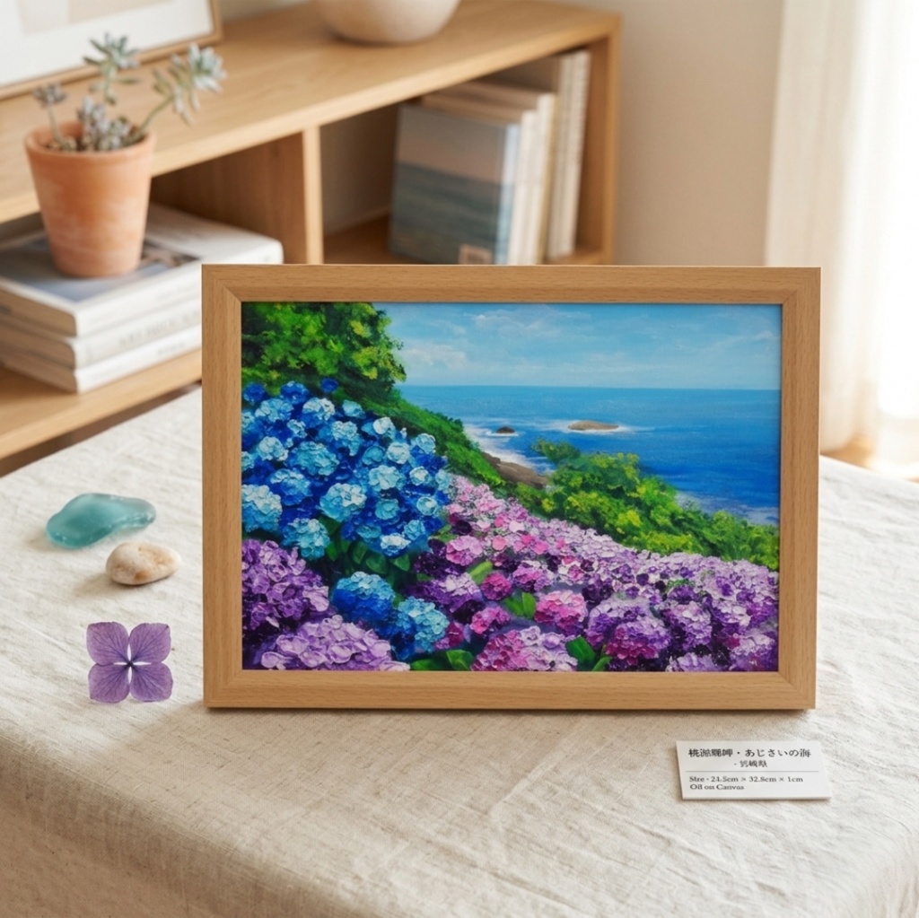 油絵 原画【初夏に目覚める日向の理想郷】紫陽花 あじさい 青い海 初夏のインテリア 風景画 アート