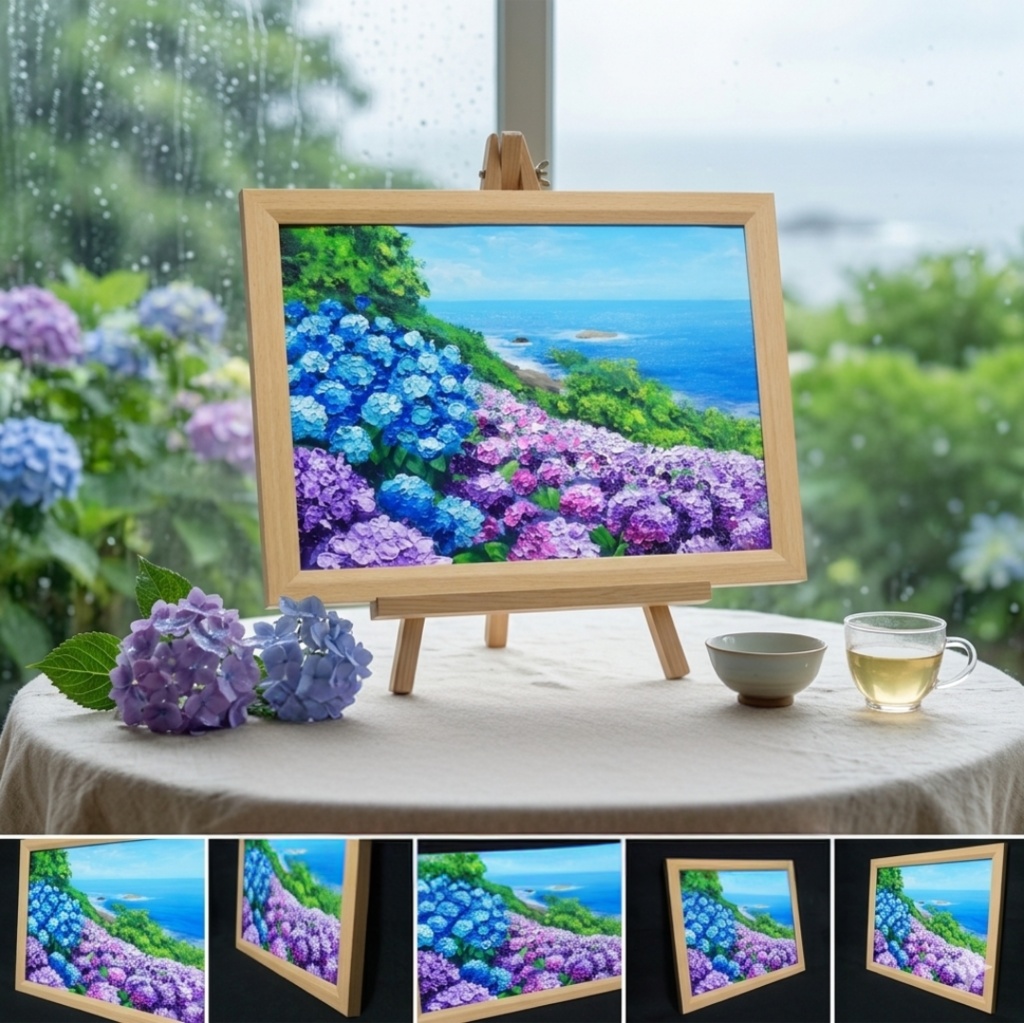 油絵 原画【初夏に目覚める日向の理想郷】紫陽花 あじさい 青い海 初夏のインテリア 風景画 アート
