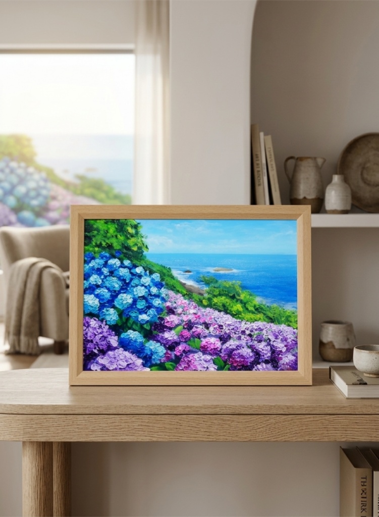 油絵 原画【初夏に目覚める日向の理想郷】紫陽花 あじさい 青い海 初夏のインテリア 風景画 アート