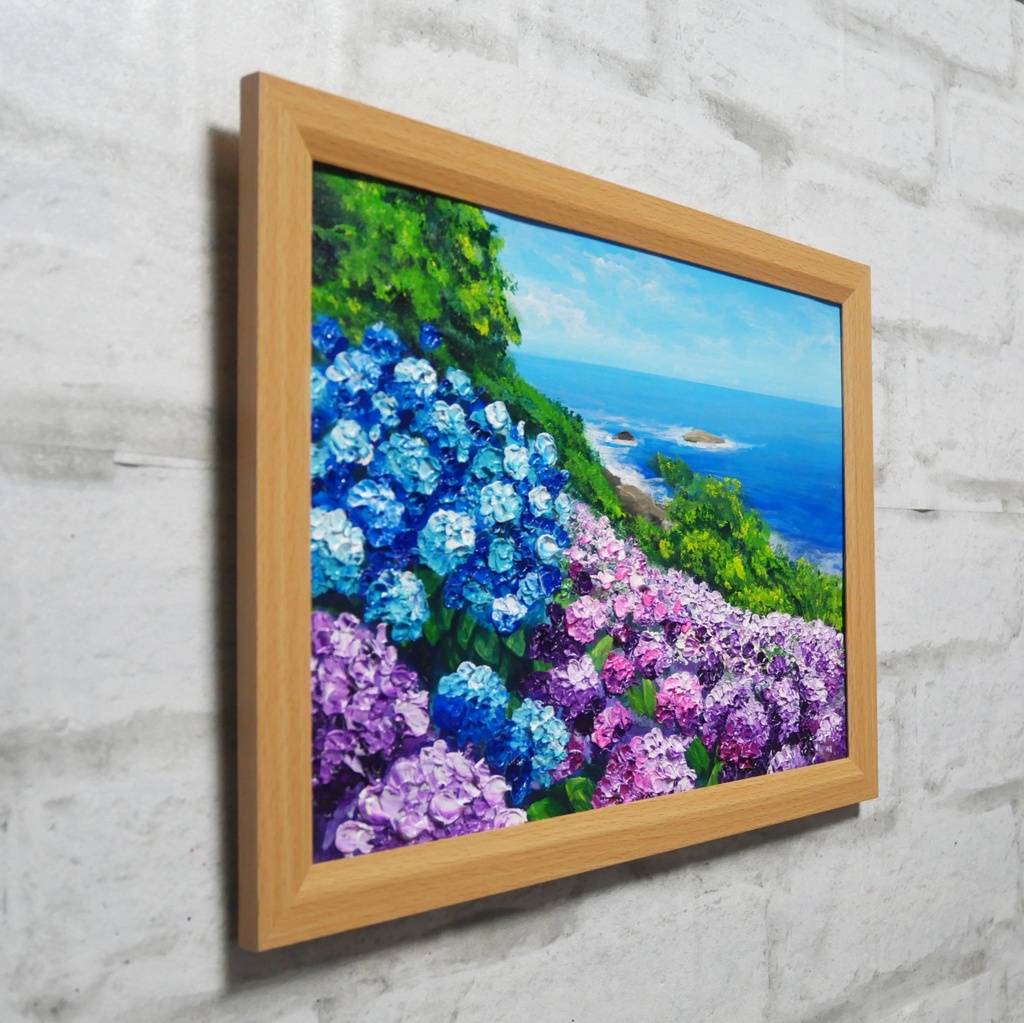 油絵 原画【初夏に目覚める日向の理想郷】紫陽花 あじさい 青い海 初夏のインテリア 風景画 アート