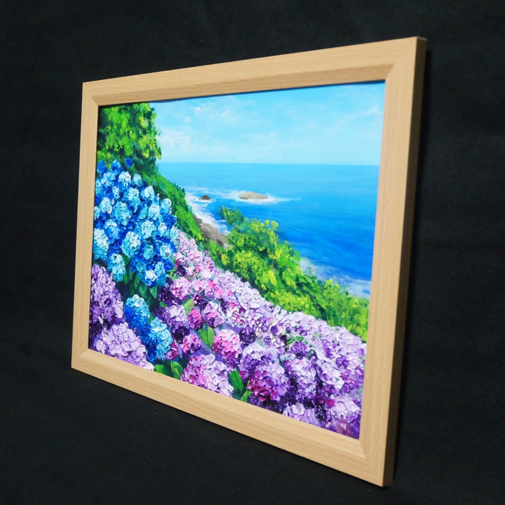 油絵 原画【初夏に目覚める日向の理想郷】紫陽花 あじさい 青い海 初夏のインテリア 風景画 アート