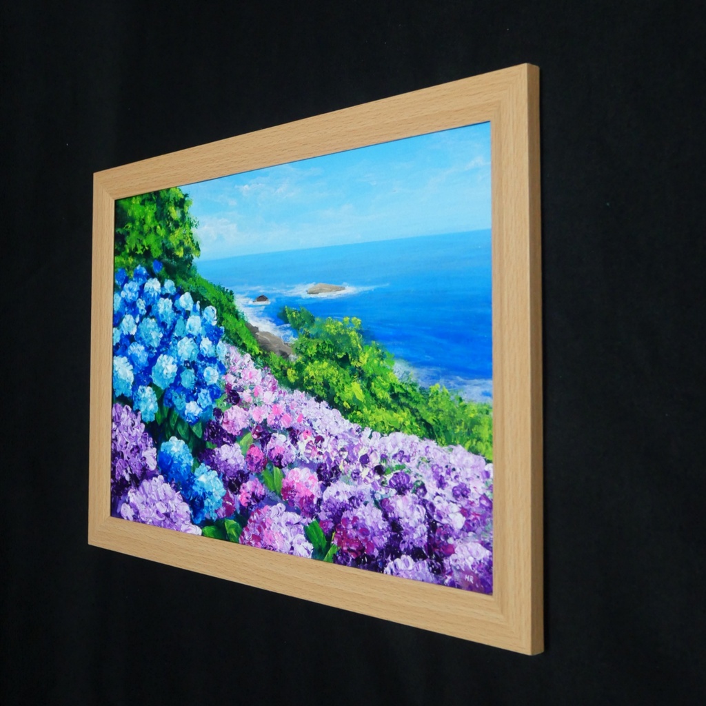 油絵 原画【初夏に目覚める日向の理想郷】紫陽花 あじさい 青い海 初夏のインテリア 風景画 アート