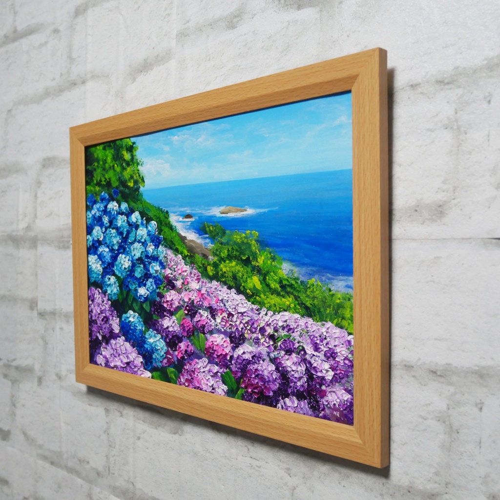 油絵 原画【初夏に目覚める日向の理想郷】紫陽花 あじさい 青い海 初夏のインテリア 風景画 アート