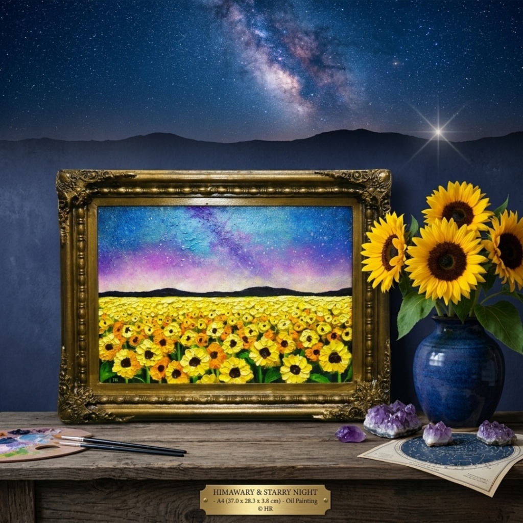 【真作・原画】油彩画「星降る夜のひまわり」A4 豪華額装付 ひまわり畑 夜空