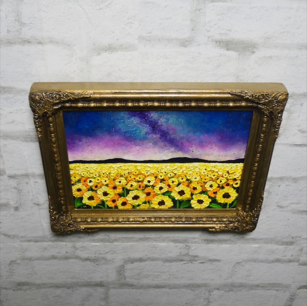 【真作・原画】油彩画「星降る夜のひまわり」A4 豪華額装付 ひまわり畑 夜空