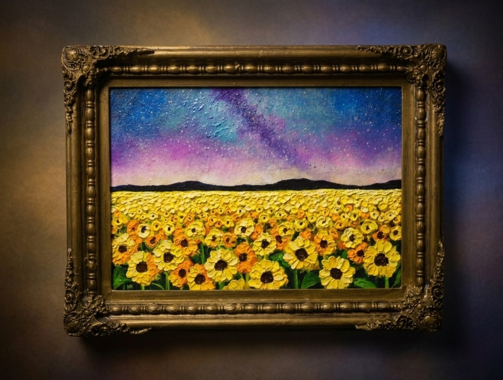 【真作・原画】油彩画「星降る夜のひまわり」A4 豪華額装付 ひまわり畑 夜空