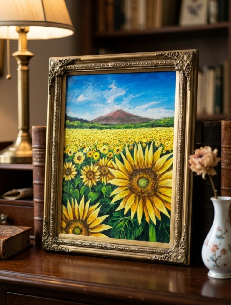 油絵 絵画【夏雲と富士を望むひまわりの丘】ひまわり畑と富士山