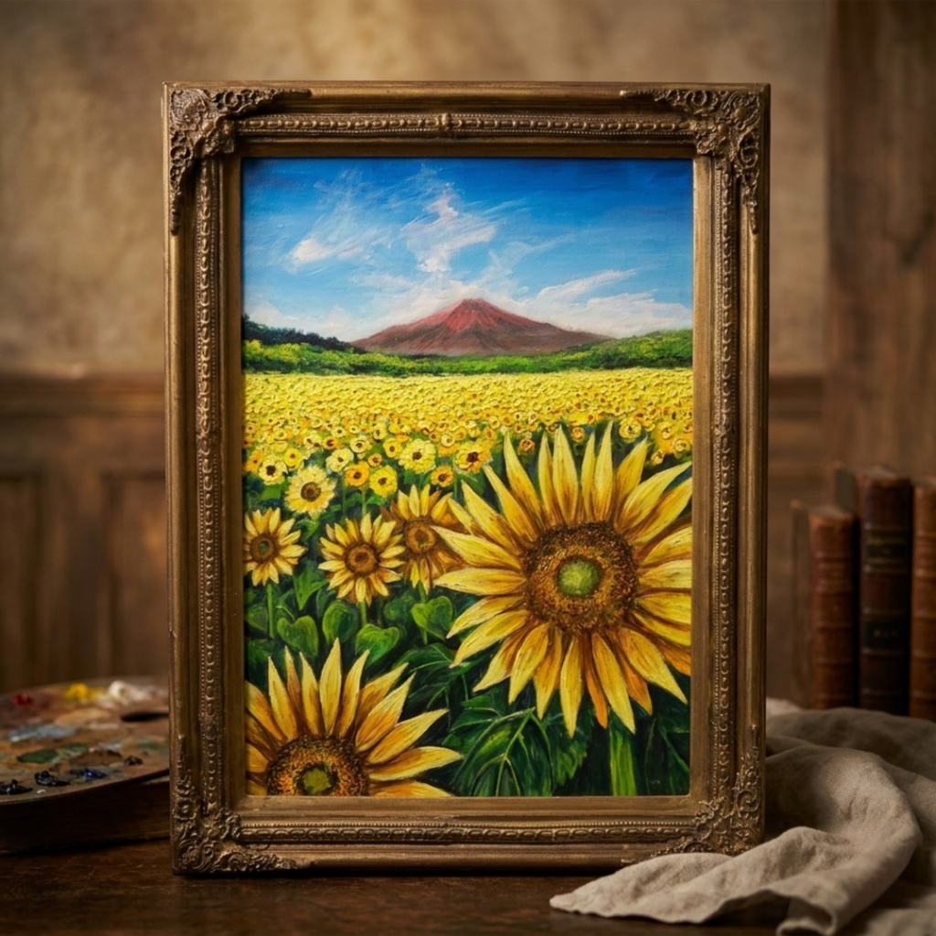 油絵 絵画【夏雲と富士を望むひまわりの丘】ひまわり畑と富士山