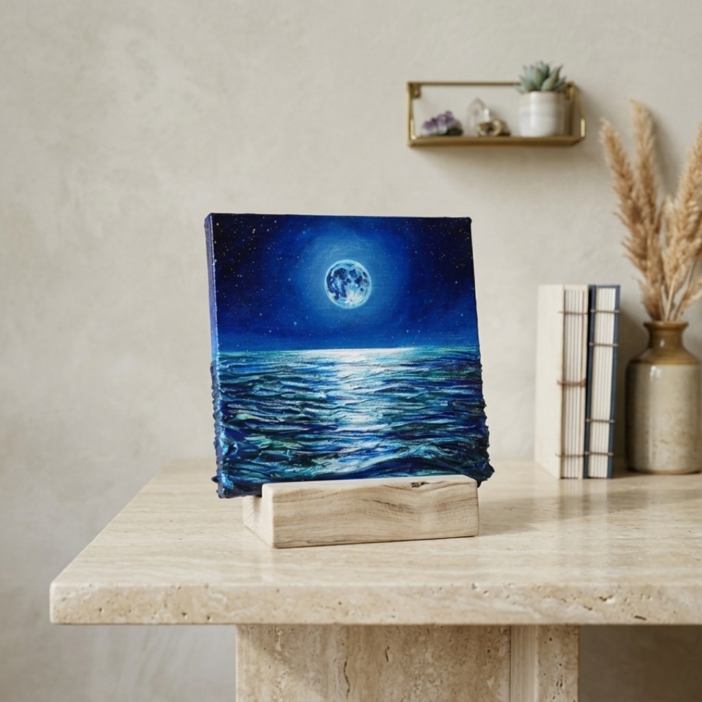 【油絵原画】The Mystic Sea - 満月と神秘の青い海【インテリアアート】