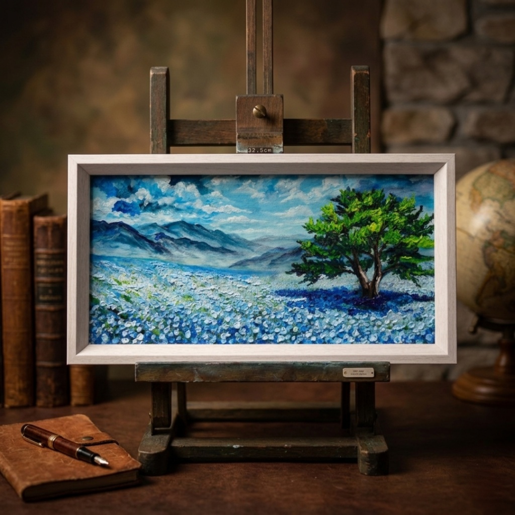 【油絵原画】ネモフィラの丘に吹く風【ミニ絵画/白色フレーム付】春・初夏インテリア・風景画