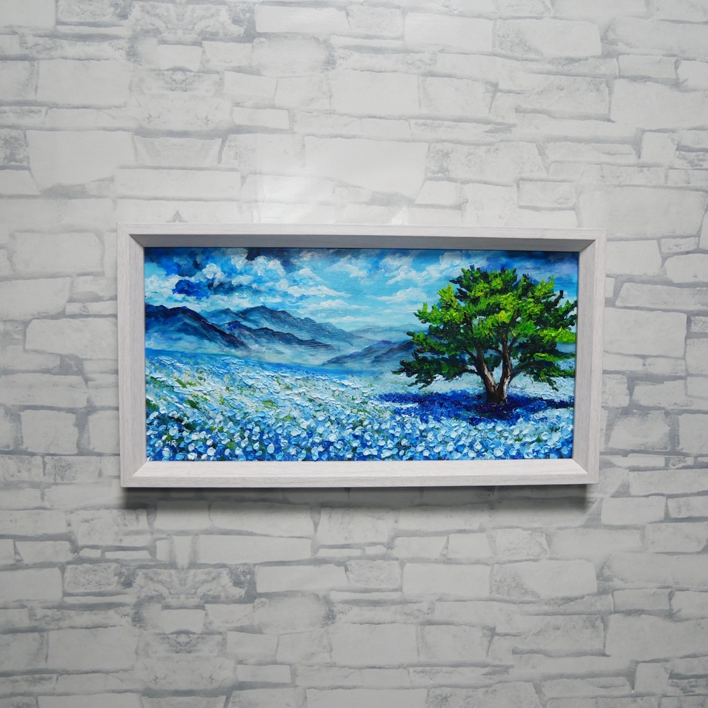 【油絵原画】ネモフィラの丘に吹く風【ミニ絵画/白色フレーム付】春・初夏インテリア・風景画