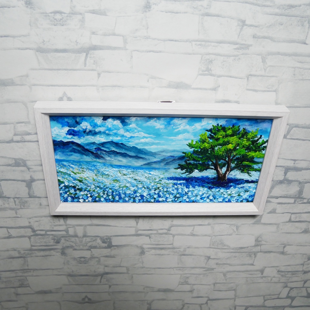 【油絵原画】ネモフィラの丘に吹く風【ミニ絵画/白色フレーム付】春・初夏インテリア・風景画