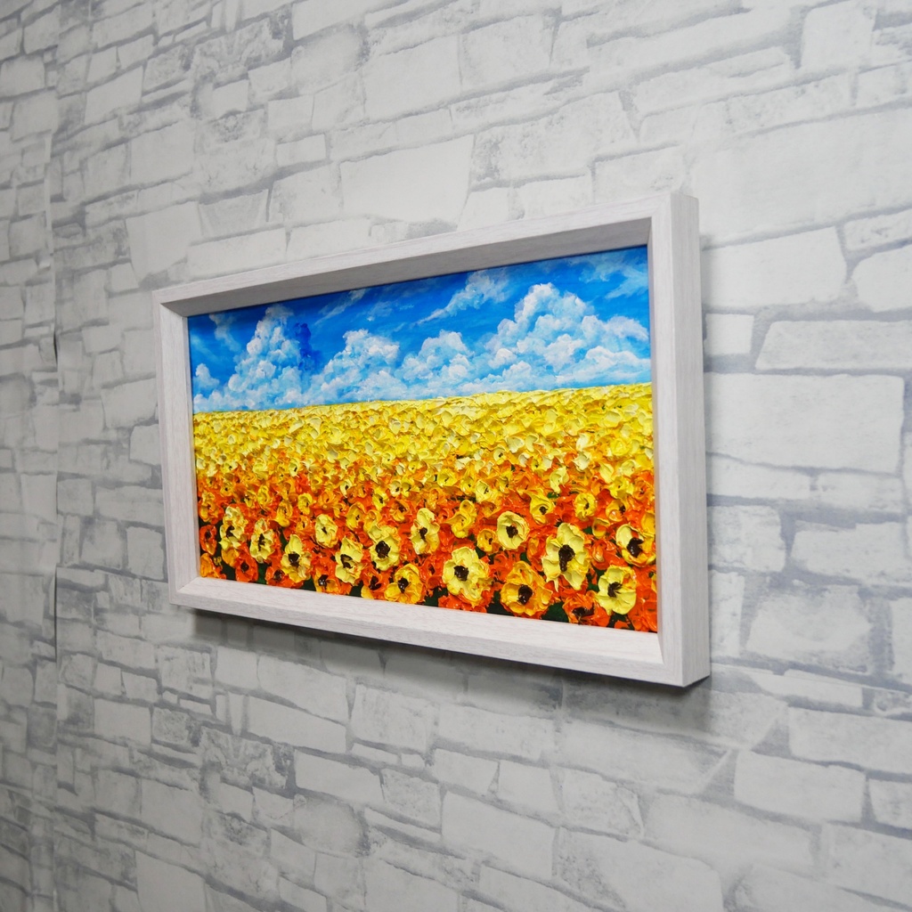 【1点物・油絵原画】風がそよぐひまわり畑(ミニサイズ額縁付きアート)夏のインテリア