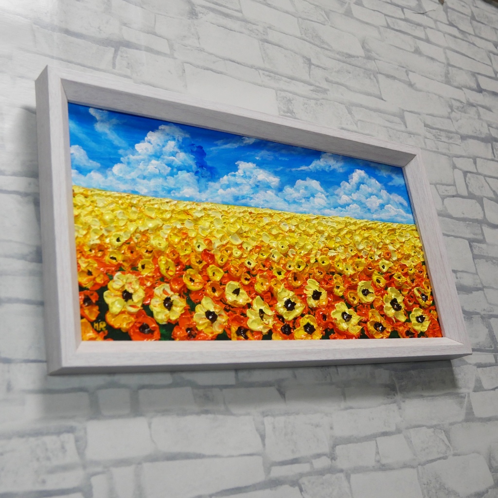 【1点物・油絵原画】風がそよぐひまわり畑(ミニサイズ額縁付きアート)夏のインテリア