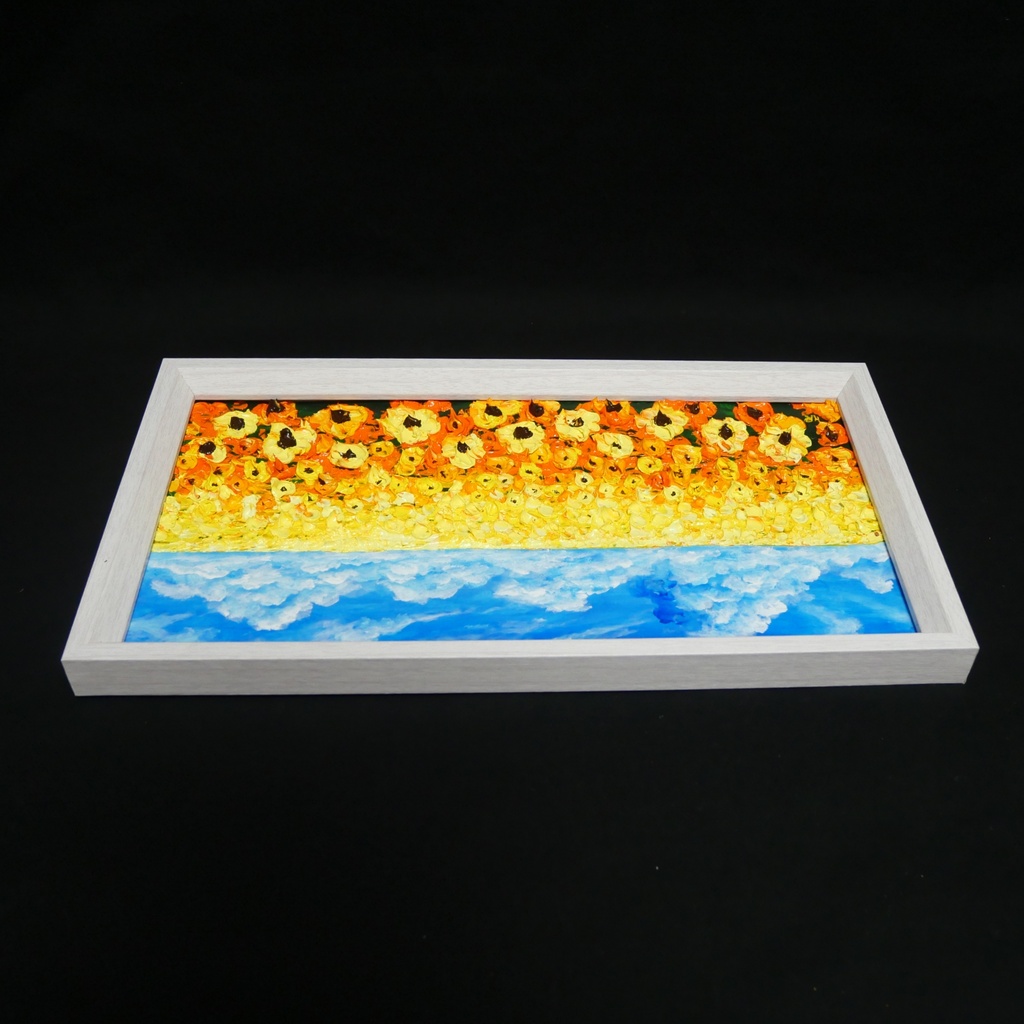 【1点物・油絵原画】風がそよぐひまわり畑(ミニサイズ額縁付きアート)夏のインテリア