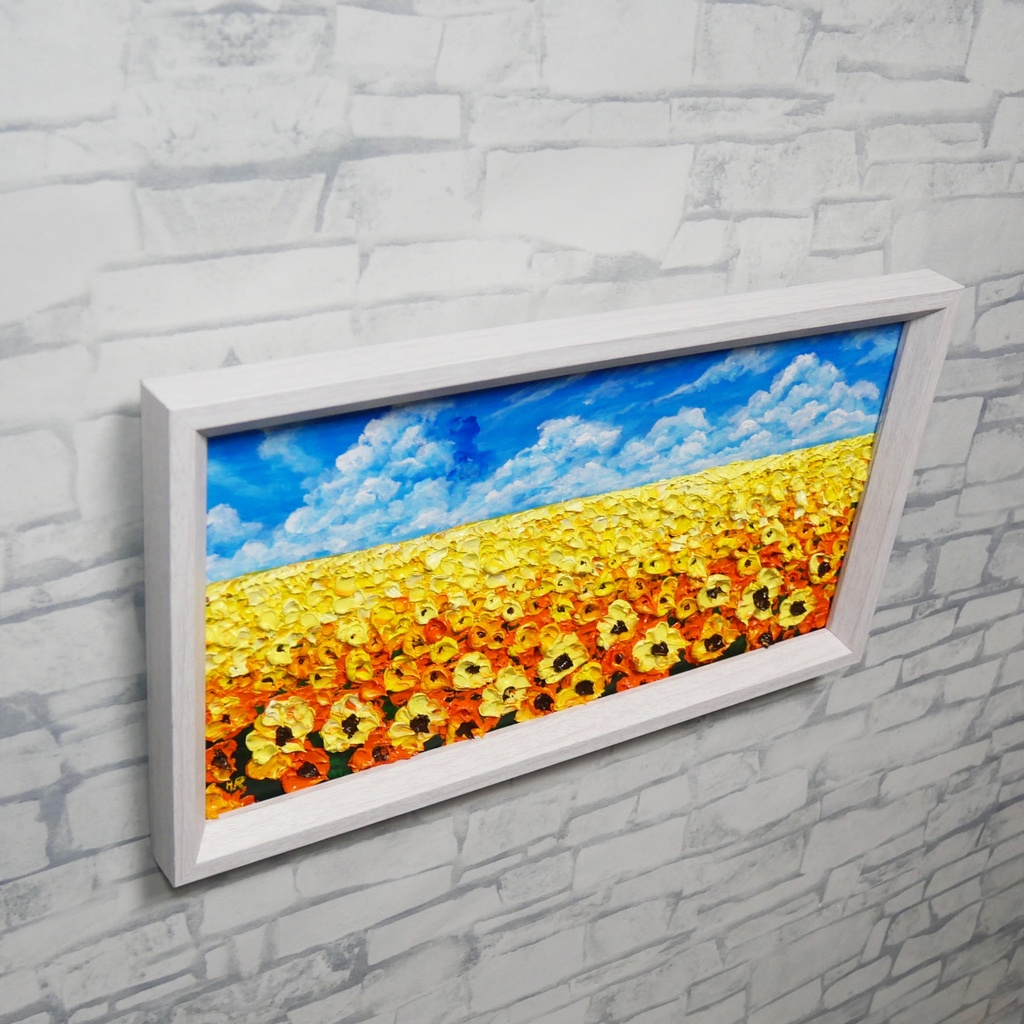 【1点物・油絵原画】風がそよぐひまわり畑(ミニサイズ額縁付きアート)夏のインテリア