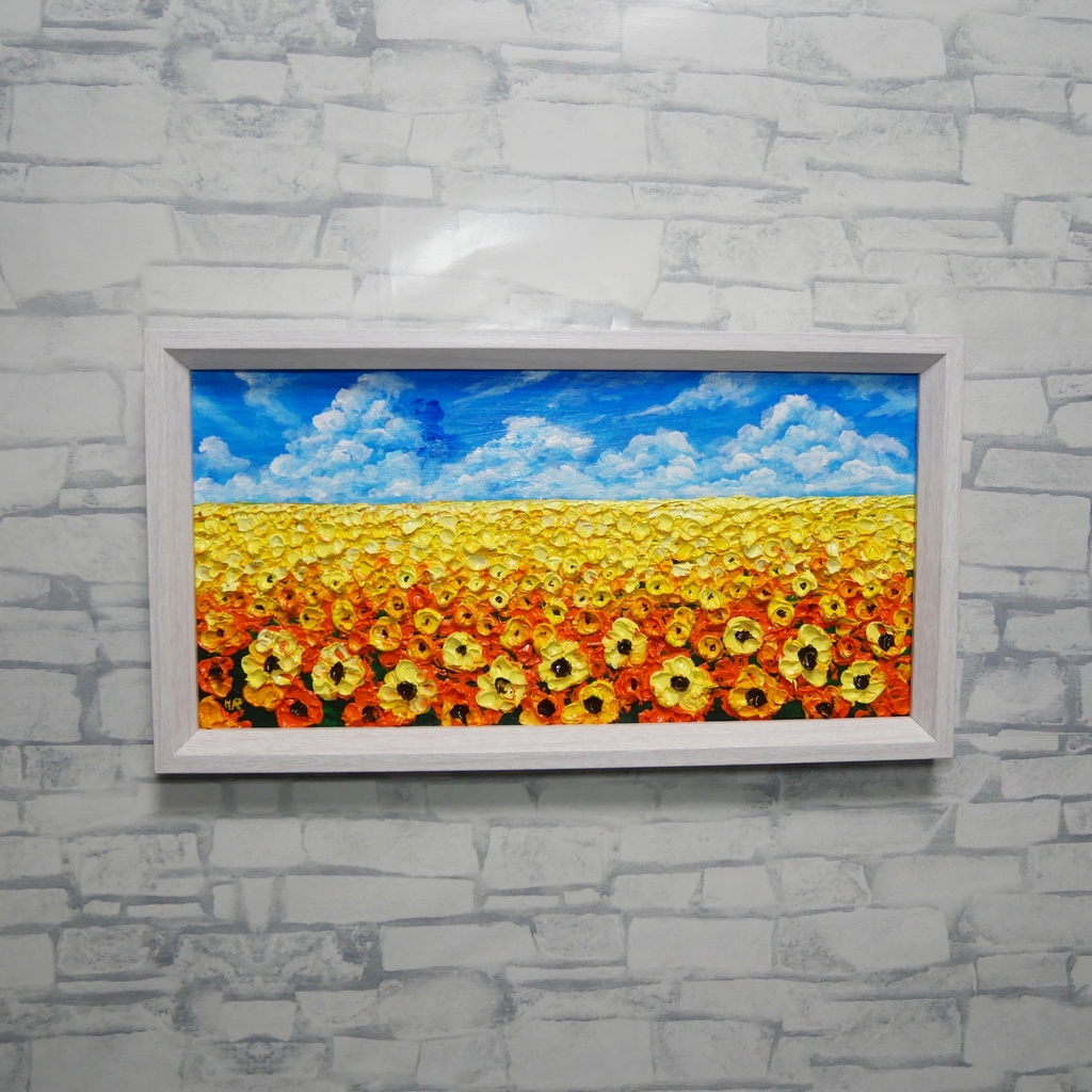 【1点物・油絵原画】風がそよぐひまわり畑(ミニサイズ額縁付きアート)夏のインテリア