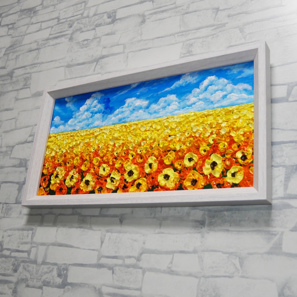 【1点物・油絵原画】風がそよぐひまわり畑(ミニサイズ額縁付きアート)夏のインテリア