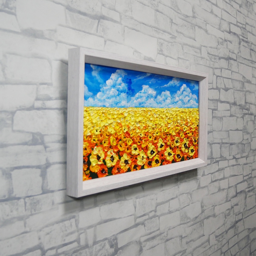【1点物・油絵原画】風がそよぐひまわり畑(ミニサイズ額縁付きアート)夏のインテリア