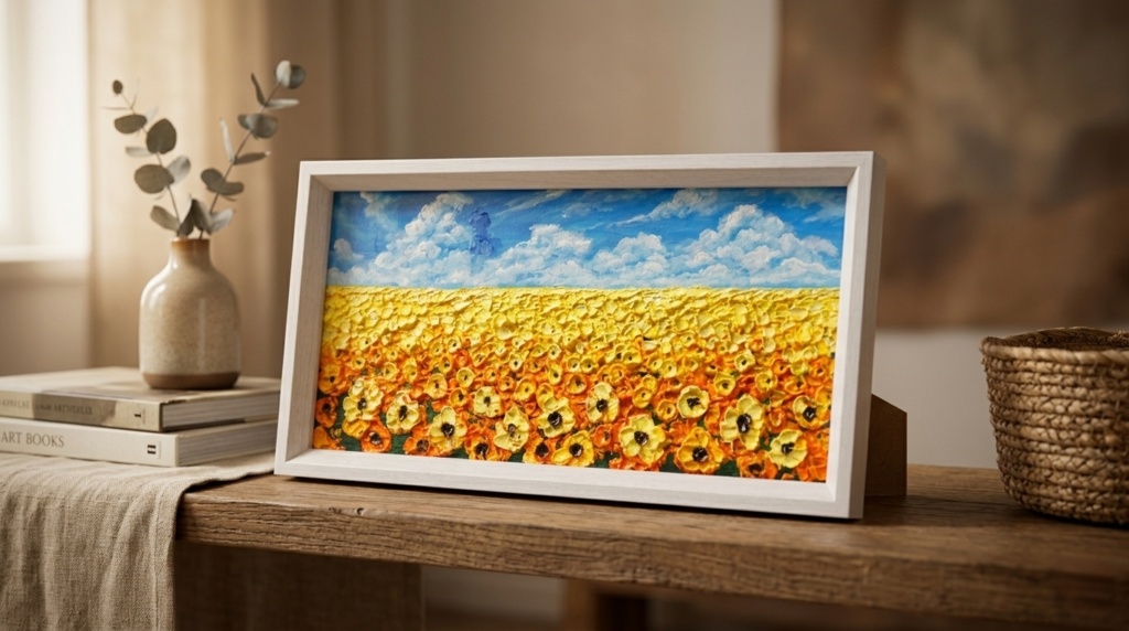 【1点物・油絵原画】風がそよぐひまわり畑(ミニサイズ額縁付きアート)夏のインテリア