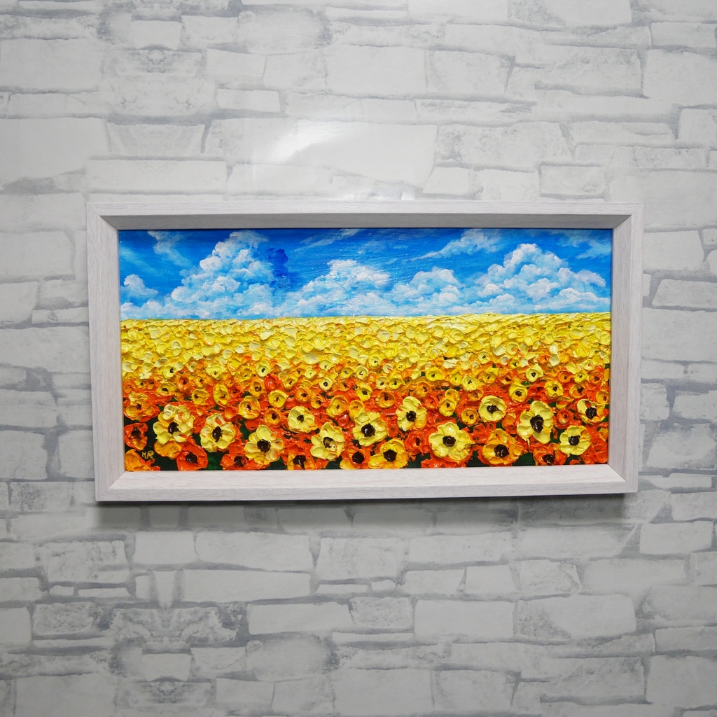 【1点物・油絵原画】風がそよぐひまわり畑(ミニサイズ額縁付きアート)夏のインテリア