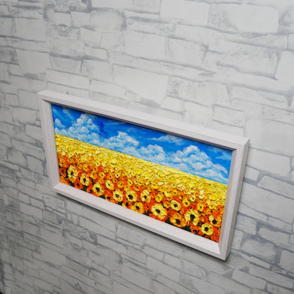 【1点物・油絵原画】風がそよぐひまわり畑(ミニサイズ額縁付きアート)夏のインテリア
