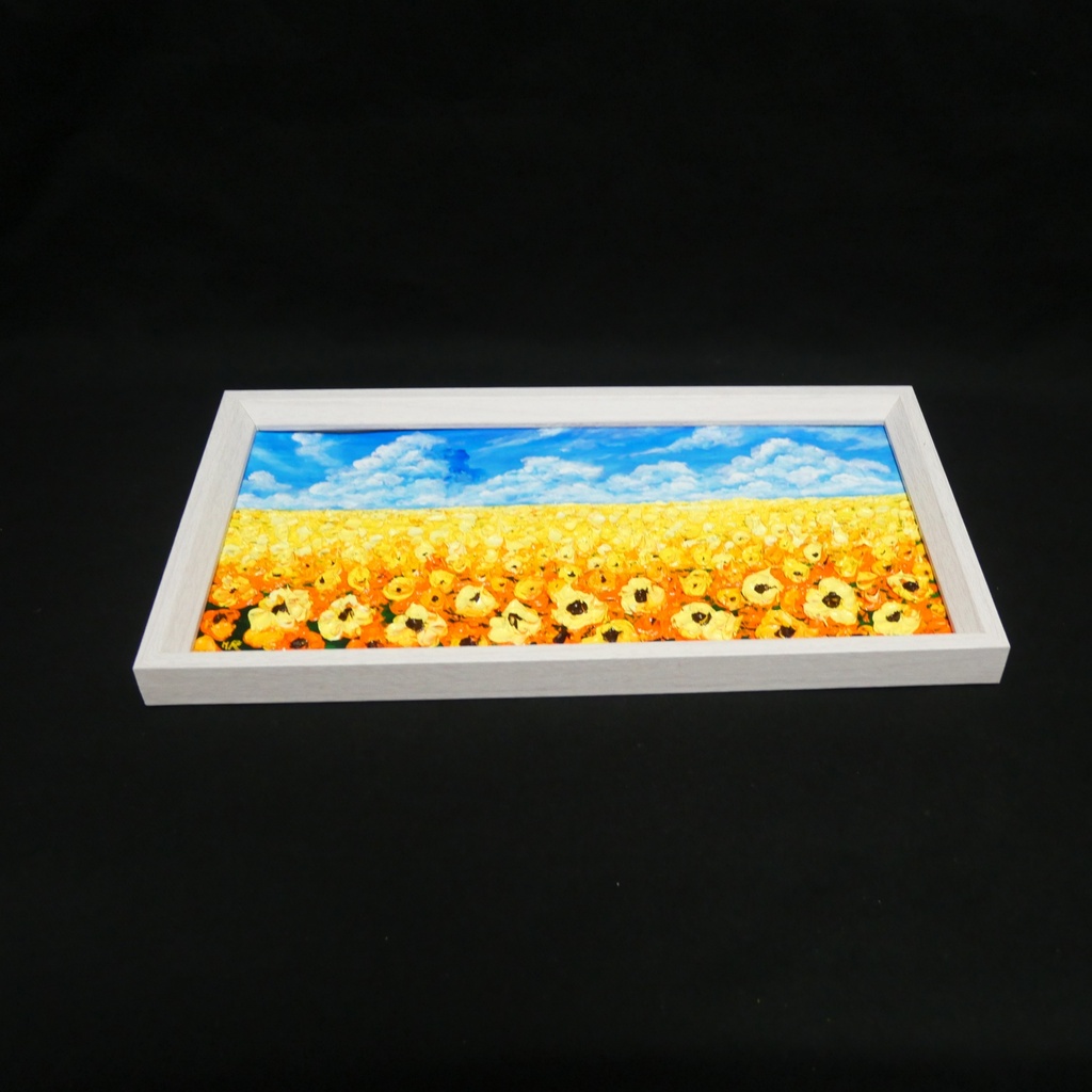 【1点物・油絵原画】風がそよぐひまわり畑(ミニサイズ額縁付きアート)夏のインテリア