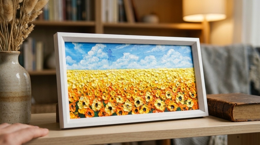 【1点物・油絵原画】風がそよぐひまわり畑(ミニサイズ額縁付きアート)夏のインテリア