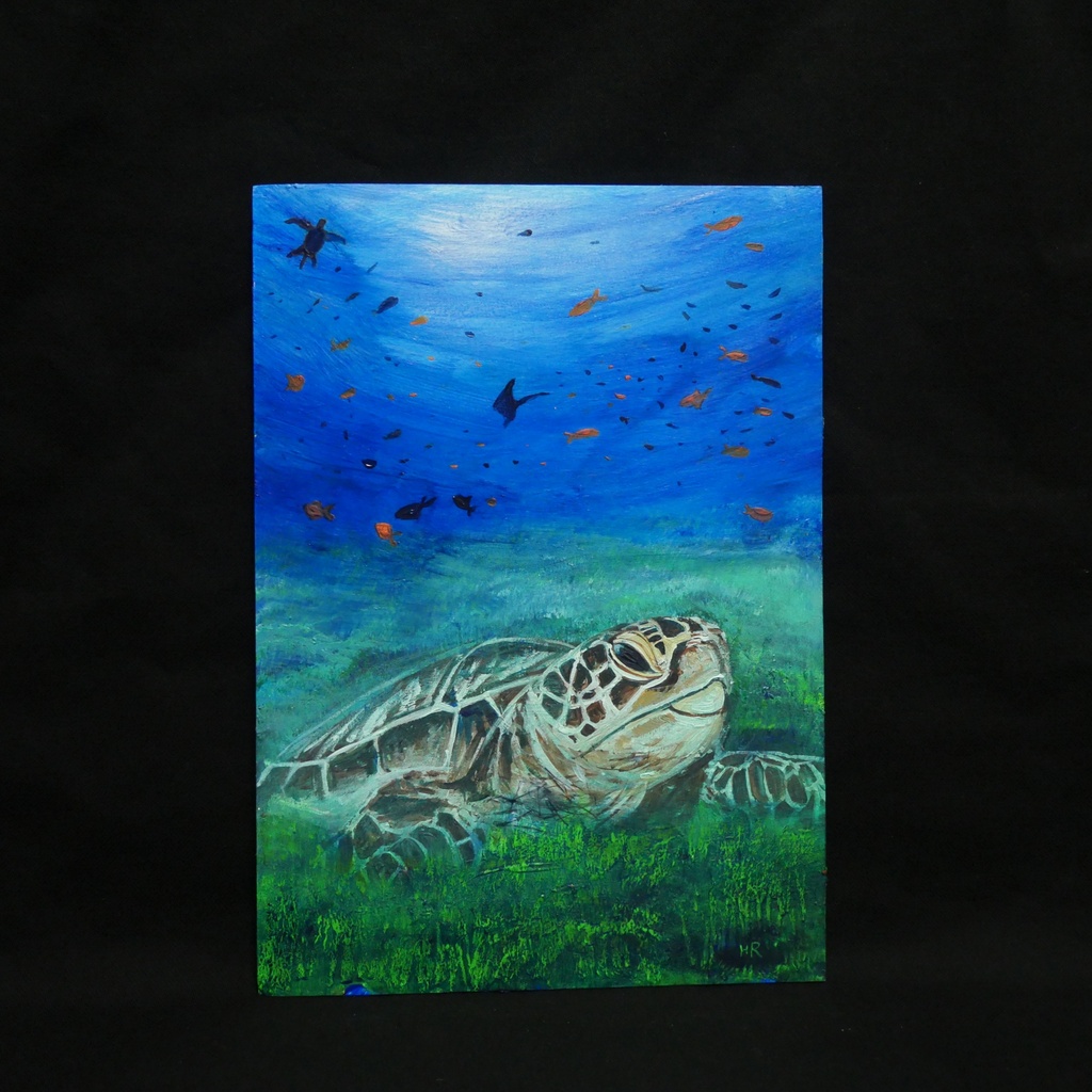 油彩画 原画『光射す深海へ 〜癒やしのウミガメ〜』海と光の癒やしアート(夏限定)