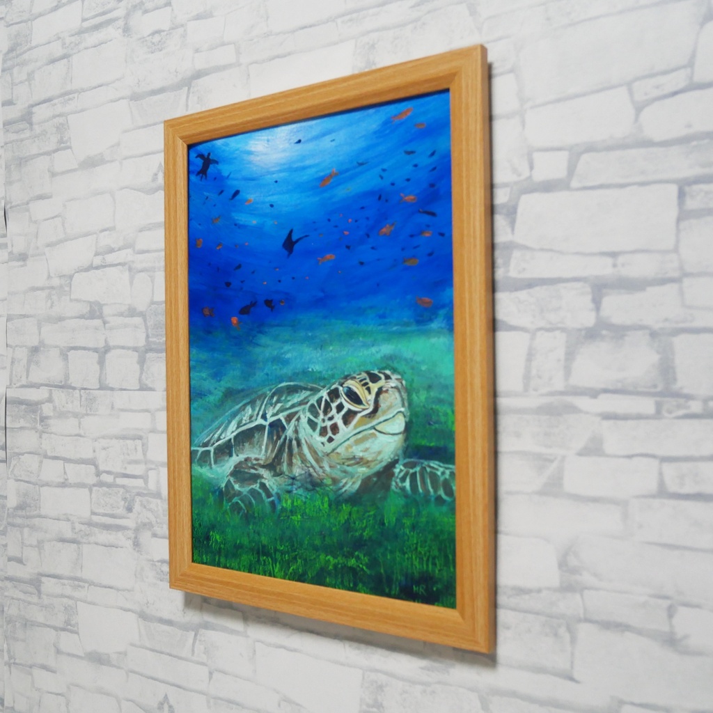 油彩画 原画『光射す深海へ 〜癒やしのウミガメ〜』海と光の癒やしアート(夏限定)
