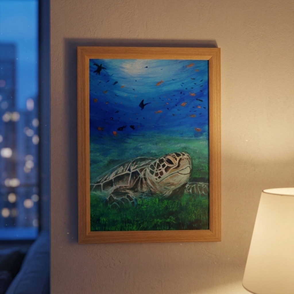 油彩画 原画『光射す深海へ 〜癒やしのウミガメ〜』海と光の癒やしアート(夏限定)