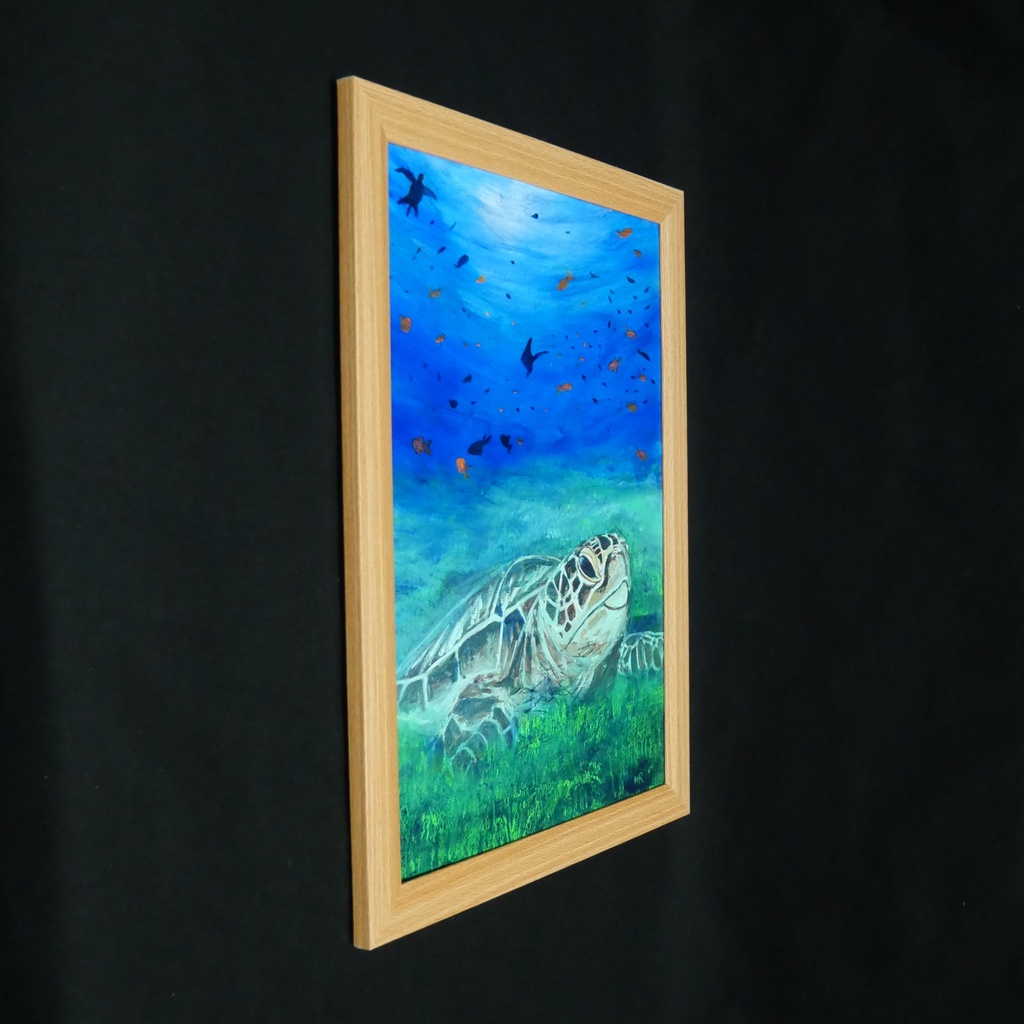 油彩画 原画『光射す深海へ 〜癒やしのウミガメ〜』海と光の癒やしアート(夏限定)
