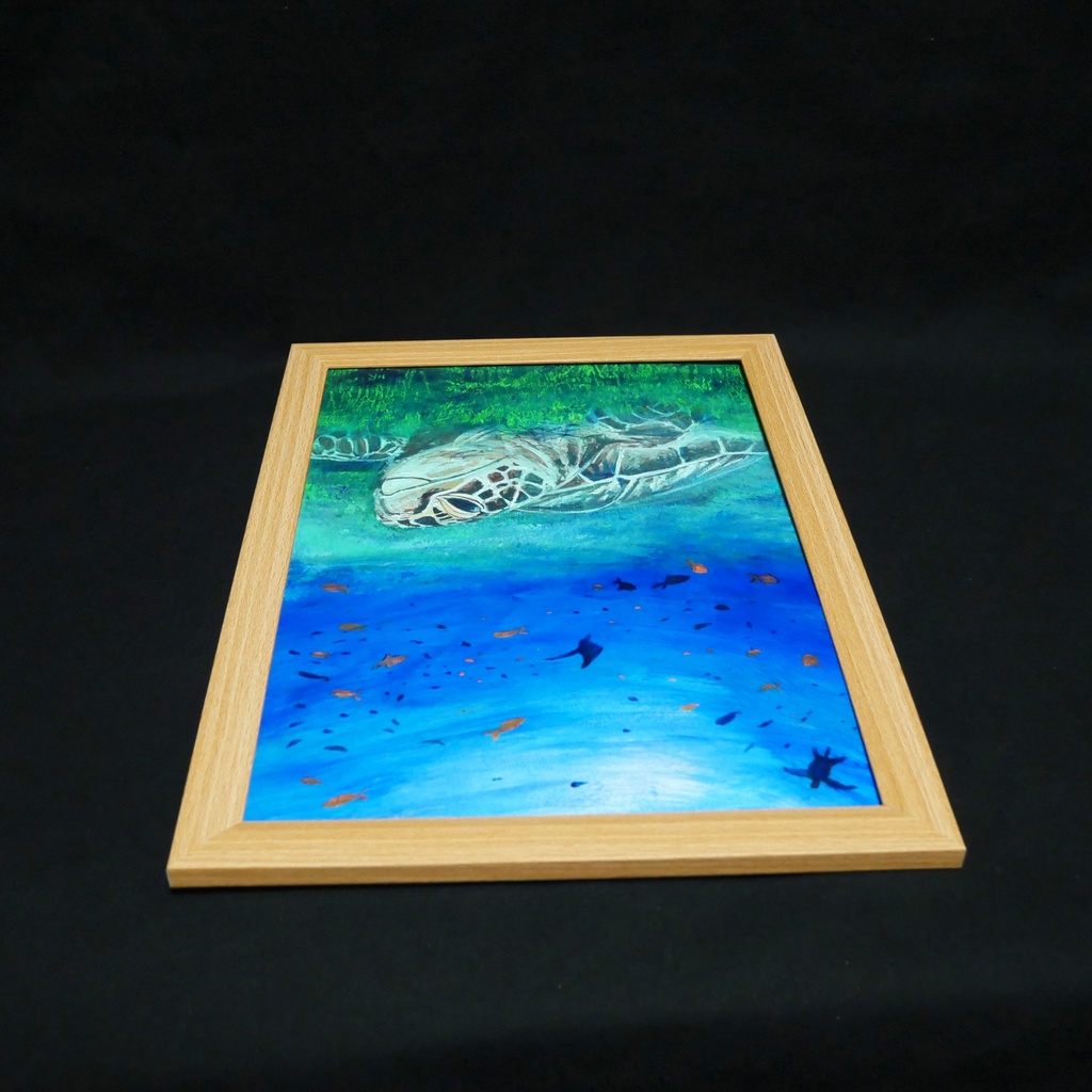 油彩画 原画『光射す深海へ 〜癒やしのウミガメ〜』海と光の癒やしアート(夏限定)