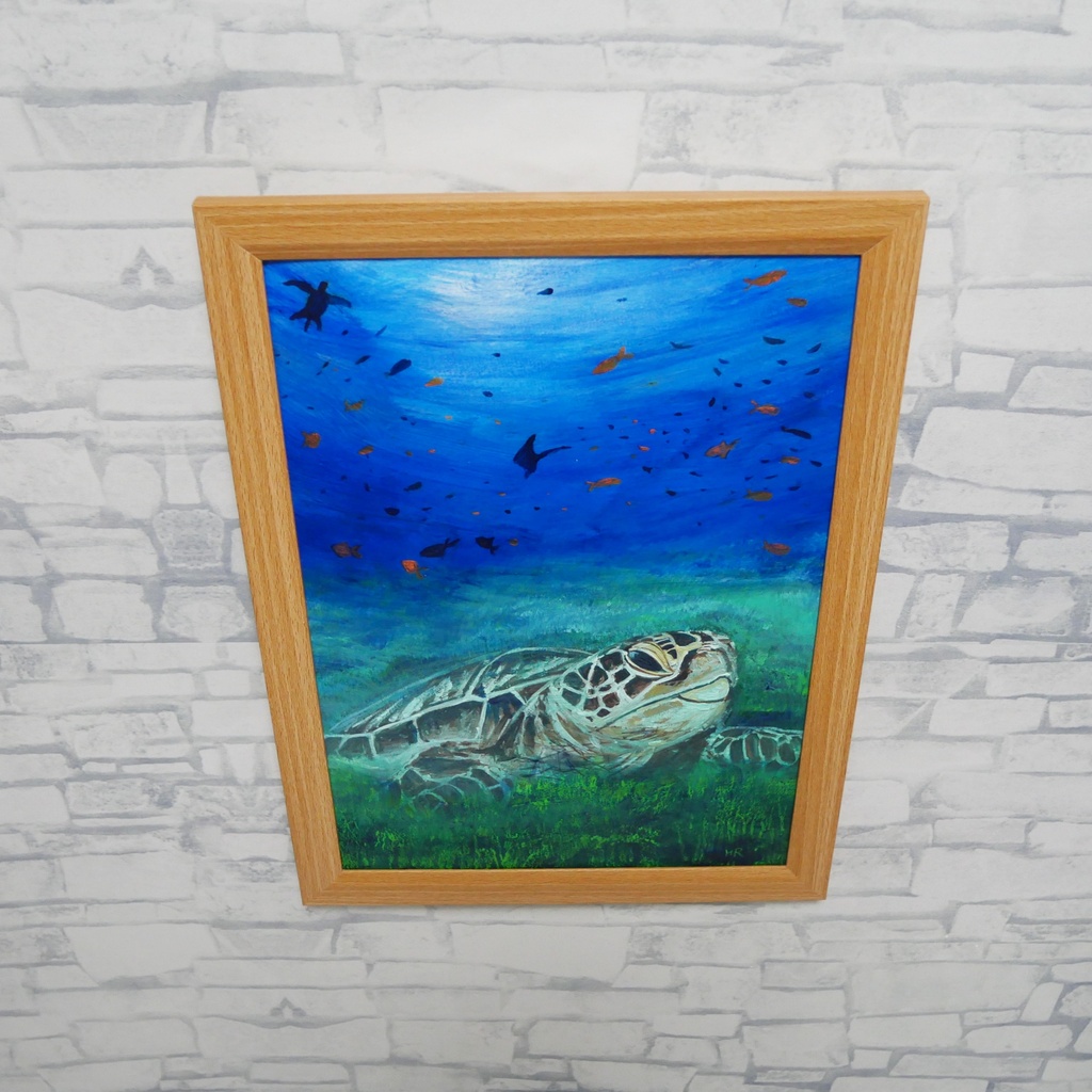 油彩画 原画『光射す深海へ 〜癒やしのウミガメ〜』海と光の癒やしアート(夏限定)