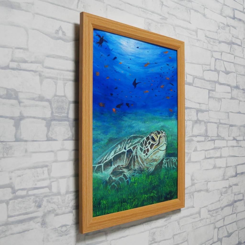 油彩画 原画『光射す深海へ 〜癒やしのウミガメ〜』海と光の癒やしアート(夏限定)
