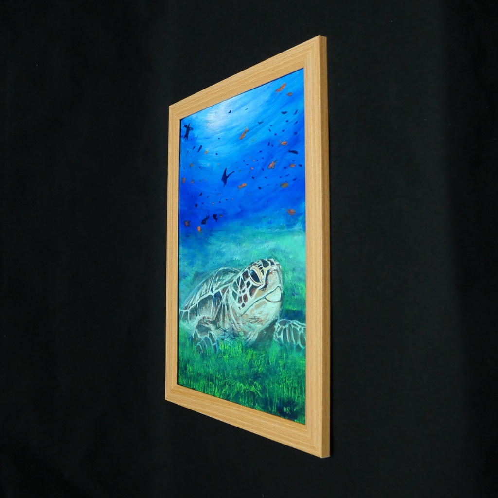 油彩画 原画『光射す深海へ 〜癒やしのウミガメ〜』海と光の癒やしアート(夏限定)